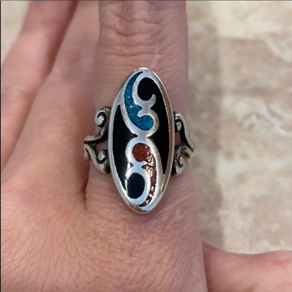 Vintage Inlaid Turquoise, Coral and Onyx Ring